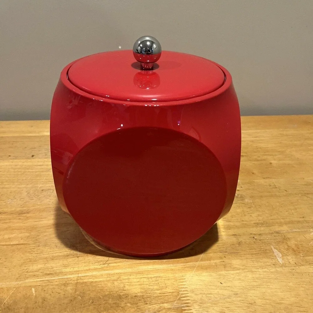 Vintage MCM Red Cube‎ Vinyl Ice Bucket Barware Circles